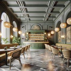 the interior of a restaurant with tables, chairs and bar lights hanging from the ceiling