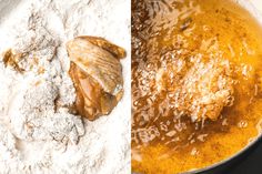 an image of food being cooked in a pan with powdered sugar on the side