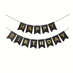 black and gold happy birthday bunting banner with the words happy birthday hanging from it