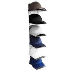 a hat rack with hats hanging from it's sides and four different colors on each shelf