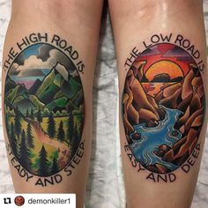 two people with tattoos on their legs that say the high roads, the low roads, and fly and sleep