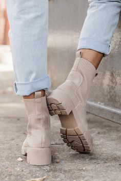 Jazzy Taupe Sock Style Booties – Pink Lily Boots With Jeans, Heels And Socks, Sock Style, Return Labels, Shoe Boxes, Pink Rompers, Cute Boots, Faux Leather Fabric, Platform Heel