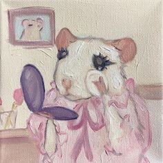 a painting of a hamster holding a mirror