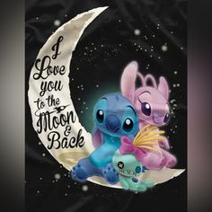 two cartoon characters are sitting on the moon with an i love you to the moon and back message