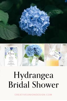 the hydrangea bridal shower is shown with blue flowers in vases and green leaves