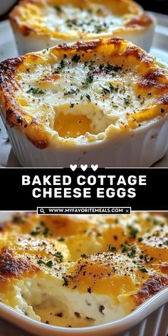 baked cottage cheese eggs in a casserole dish on a white plate with text overlay