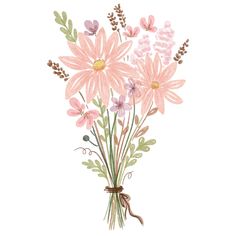 a bouquet of pink flowers with green leaves and brown stems on a white background, watercolor painting, flower png and psd