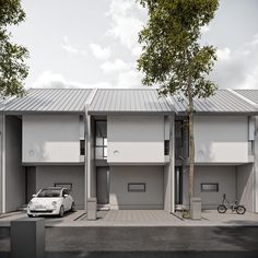 an artist's rendering of a building with two cars parked in front