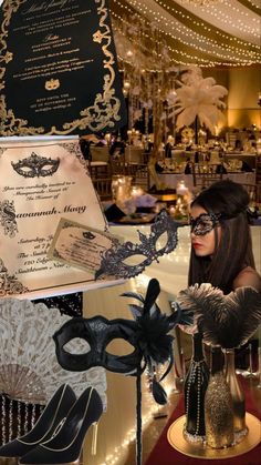 a collage of masquerade themed items including masks and menus for an event