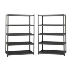 two metal shelvings with black shelves against a white background, one is empty