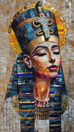 a mosaic portrait of an egyptian queen in gold, blue and black colors with a cross on her head