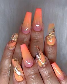 Matte Nails Ombre, Orange Marble Nails, Nails Ombre Pink, Orange Nail Art, Orange Marble, Almond Nail Art, Clear Acrylic Nails, Clear Nail, Ombre Pink