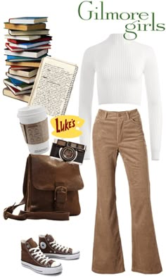 a woman in white shirt and brown pants standing next to a stack of books with coffee