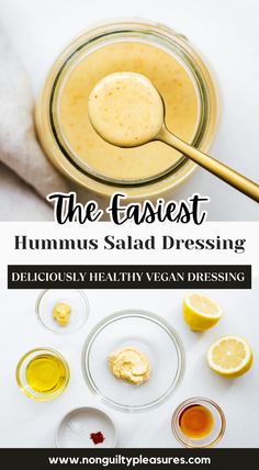 This healthy and creamy hummus salad dressing is the perfect addition to your favourite salads! Made with just 5 ingredients, this vegan dressing is quick and easy to make from leftover hummus and adds a wonderfully tangy flavour to any dish. Simply mix hummus with lemon juice, olive oil, maple syrup and Dijon mustard for a  delicious and nutritious sauce. Add a pinch of cayenne pepper for a spicy twist or customise this hummus sauce with your favourite herbs and spices! Hummus Salad Dressing Recipe, Hummus Salad Dressing, Hummus Sauce, Dried Lemon Zest, Hummus Dressing, Hummus Salad, Lemon Hummus, Creamy Hummus, Vegan Salad Dressing