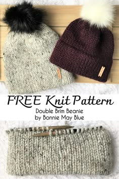 two knit beanies with pom - poms on top and the text free knitting pattern