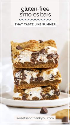 three gluten - free s'mores bars stacked on top of each other