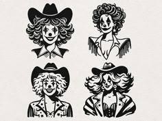 four black and white silhouettes of people in cowboy hats, one with curly hair