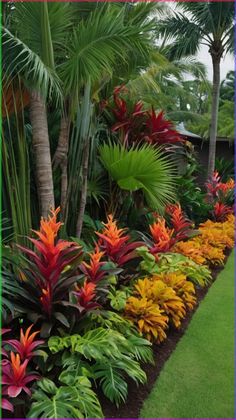 colorful tropical garden with palm trees and flowers