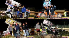 four pictures of people posing with their racing cars at night and in front of the camera