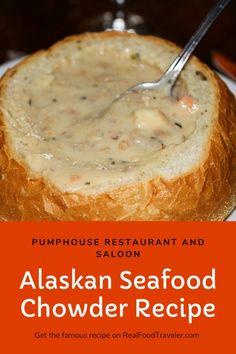 alaska seafood chowder recipe on a white plate with a spoon in it and an orange background