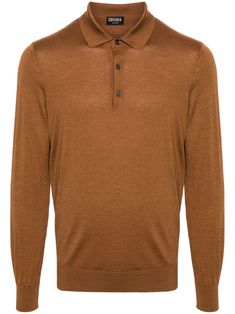 cognac brown cashmere-silk blend knitted construction fine knit polo collar long sleeves ribbed cuffs and hem straight hem short front button fastening Button Down Polo, City Shorts, Knit Polo, Balenciaga Triple S, Polo Sweater, Summer Beach Wear, Sweaters Knitwear, Long Sleeve Polo, Polo Collar