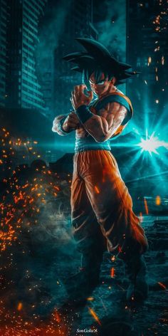 the dragon ball fighter is in action with his fist out and glowing lights behind him