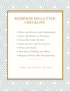 Declutter checklist for bedroom Decluttering Bedroom, Deep Cleaning Bedroom, Project Binder, Clutter Challenge, Family Room Organization, Life Organization Binder