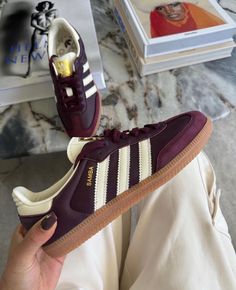 Eastetic Shoes, Samba Adidas Shoes, Adidas Samba Maroon Outfit, Cherry Sambas, Adidas Samba Maroon, Maroon Sneakers Outfit, Adidas Snikers, Maroon Sambas Outfit, Maroon Sambas