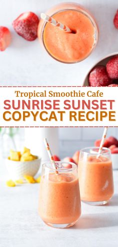 strawberry mango smoothies Sunrise Sunset Smoothie, Sunset Smoothie, Tropical Smoothie Cafe, Mango Smoothie Recipes, Banana Drinks, Summer Smoothies