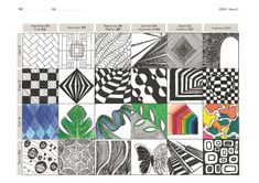 a poster with many different patterns and colors on it's side, including black and white