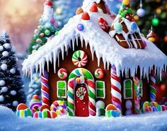 a gingerbread house decorated with candy canes and candies