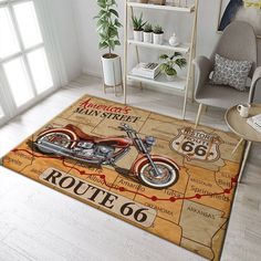 an area rug with the route 66 motorcycle on it