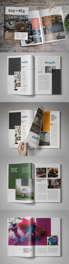 an open magazine is shown with different colors and shapes on the pages, as well as text