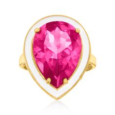 Ross-Simons - 12.00ct Pink Topaz Ring, White Enamel in 18kt Yellow Gold Over Sterling. Size 8. Stop them in their tracks with this fabulous hot pink statement! Our cocktail ring sports a sizable 12.00 carat pear-shaped pink topaz bordered by bright white enamel that invites the gemstone color to truly shine. Crafted in polished 18kt yellow gold over sterling silver. 7/8" wide. Pink topaz ring. Pink Topaz Ring, Topaz Color, Pink Topaz, Natural Gold, Enamel Ring, Gold Plated Rings, Anniversary Gift For Her, Treasure Chest, Topaz Ring