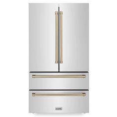 a stainless steel refrigerator with gold handles and two drawers on the bottom, in front of a white background