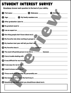 a student's interest survey sheet with the words, student interest survey