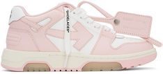 Low-top paneled buffed calfskin sneakers colorblocked in pink and white. Perforated detailing at round toe. Tonal lace-up closure. Embossed leather logo patch at padded tongue. Detachable signature zip-tie with press-stud fastening at single side. Padded heel collar. Logo embossed in black at mismatched heel tabs. Signature graphic logo appliqué at sides. Tonal mesh lining. Rubber midsole in off-white with logo embossed at heel. Tonal treaded rubber outsole in pink with translucent beige. Suppli Off White Clothing, Off White Shoes, Out Of Office, Zip Ties, Graphic Logo, Sole Shoes, Leather Logo, 6th Grade, Press Studs