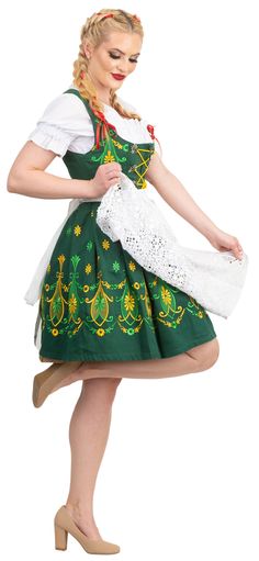 It's never too early to start preparing for Oktoberfest! You'll be dancing and drinking eine mass all night long in our traditional dirndl! It's a 3-piece set that is perfect for the person who wants to embody Bavarian tradition. The thick cotton-poly blend makes it easy to traipse between the opening day parade, the Weisn Landlord's Concert, and a multitude of food stalls and beer tents. The traditional cut of the dirndl is flattering for all shapes and sizes. The embroidered embellishments add a handmade charm to this Bavarian staple!  Have you been looking for a way to express your love for all things Bavarian without breaking the bank or having to settle for something mass-produced? Our dirndl dresses are more than just costumes--they represent tradition in its truest form. Made with h German Dirndl Dress, Dirndl Dresses, Embroidered Embellishments, German Dress Dirndl, Beer Tent, Dirndl Dress, Opening Day, Handmade Charms, Crafting Ideas