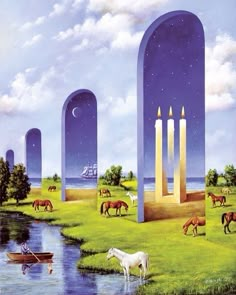 an image of horses in the grass near water and archways with candles on them