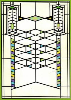 an art deco stained glass window with geometric shapes in green and white colors, on a light green background