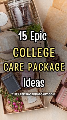 an open box filled with different items and the words, 15 epic college care package ideas