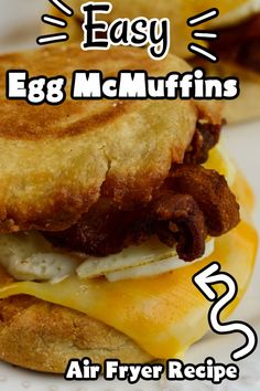 an egg mcmuffin sandwich with bacon and cheese on it is shown in the foreground