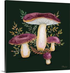 a painting of three mushrooms with leaves around them