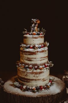 a three tiered cake sitting on top of a tree stump