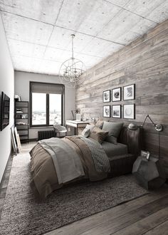 a bedroom with wood paneling and pictures on the wall, along with a bed