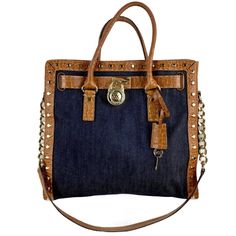 Michael Kors Leather/Denim Large Gold Studded Satchel - Fabric : Leather, Denim - Color : Brown, Blue, Gold - Condition: Excellent, Like New - Measurements : See The Picture (Approximate) Luxury Denim Bags With Double Handle, Luxury Denim Bag With Double Handles, Luxury Denim Tote Bag, Designer Denim Travel Bag, Luxury Michael Kors Bags With Leather Trim, Luxury Denim Tote Shoulder Bag, Luxury Denim Bags For Shopping, Luxury Denim Shoulder Bag, Luxury Denim Shoulder Bag For Travel