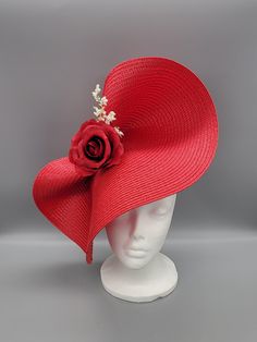 Luxury Red Hat Bands For Kentucky Derby, Red Fascinator For Kentucky Derby Wedding, Red Fascinator For Wedding At Kentucky Derby, Red Fitted Fascinator For Garden Party, Red Curved Brim Fascinator For Garden Party, Red Hat With Handmade Flowers For Kentucky Derby, Red Summer Fascinator For Garden Party, Red Adjustable Hat For Garden Party, Red Curved Brim Headpiece For Spring