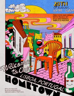 an advertisement for a local wine festival with cats sitting on a chair in front of a cityscape