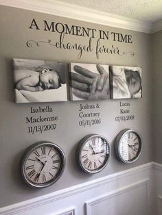 a wall with four clocks and a sign that says a moment in time