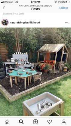 an outdoor kitchen is in the middle of a garden with potting plants and tools